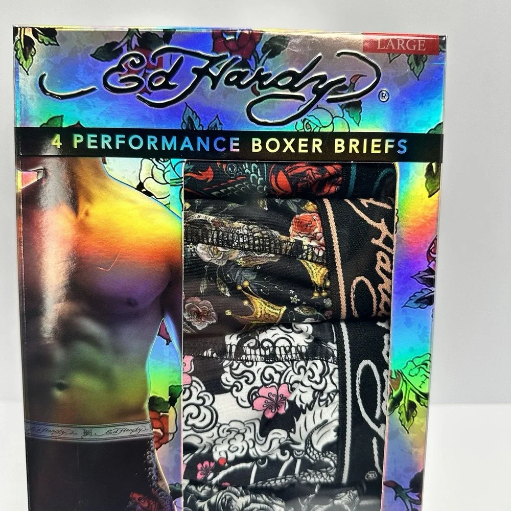 Ed Hardy 4 Pack Boxer Briefs Men's Large 36-38 Skull Dragon Rose Performance NWT